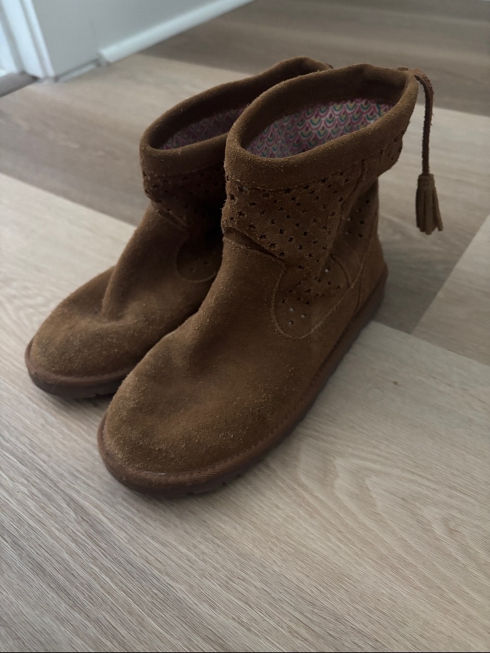 UGG Brown Suede Perforated Ankle Boots with Tassels